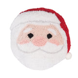 A festive mini round winter accent cushion featuring a jolly Santa Claus face design in detailed hooked yarn, available at Be Charmed.