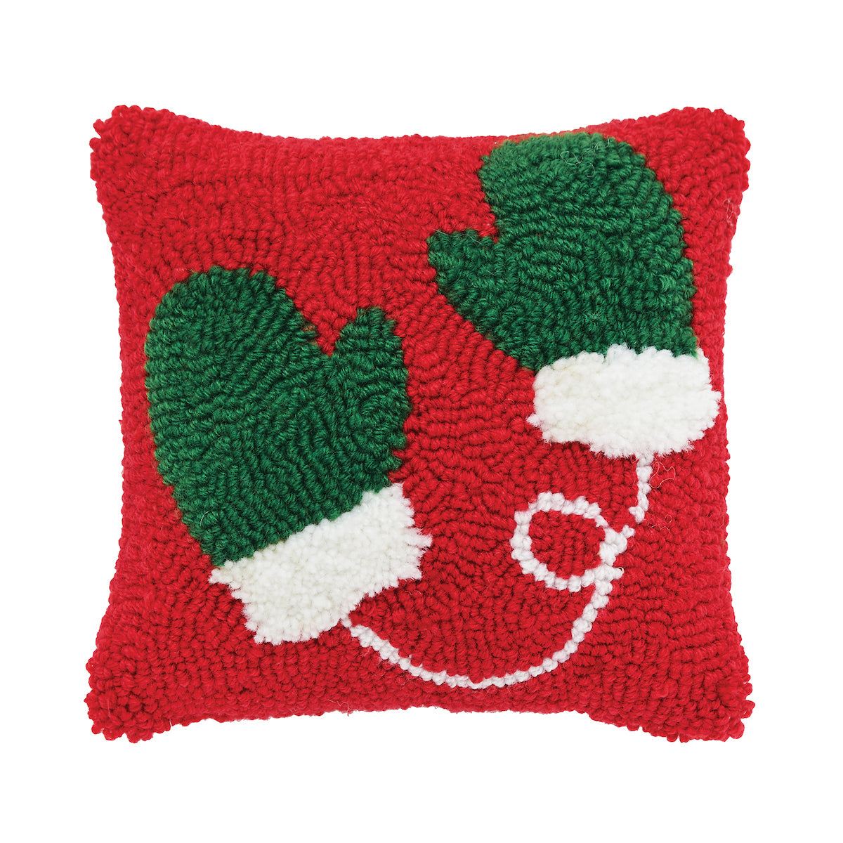 A festive winter accent pillow featuring a pair of cozy holiday mittens in detailed texturized hooked yarn, available at Be Charmed.