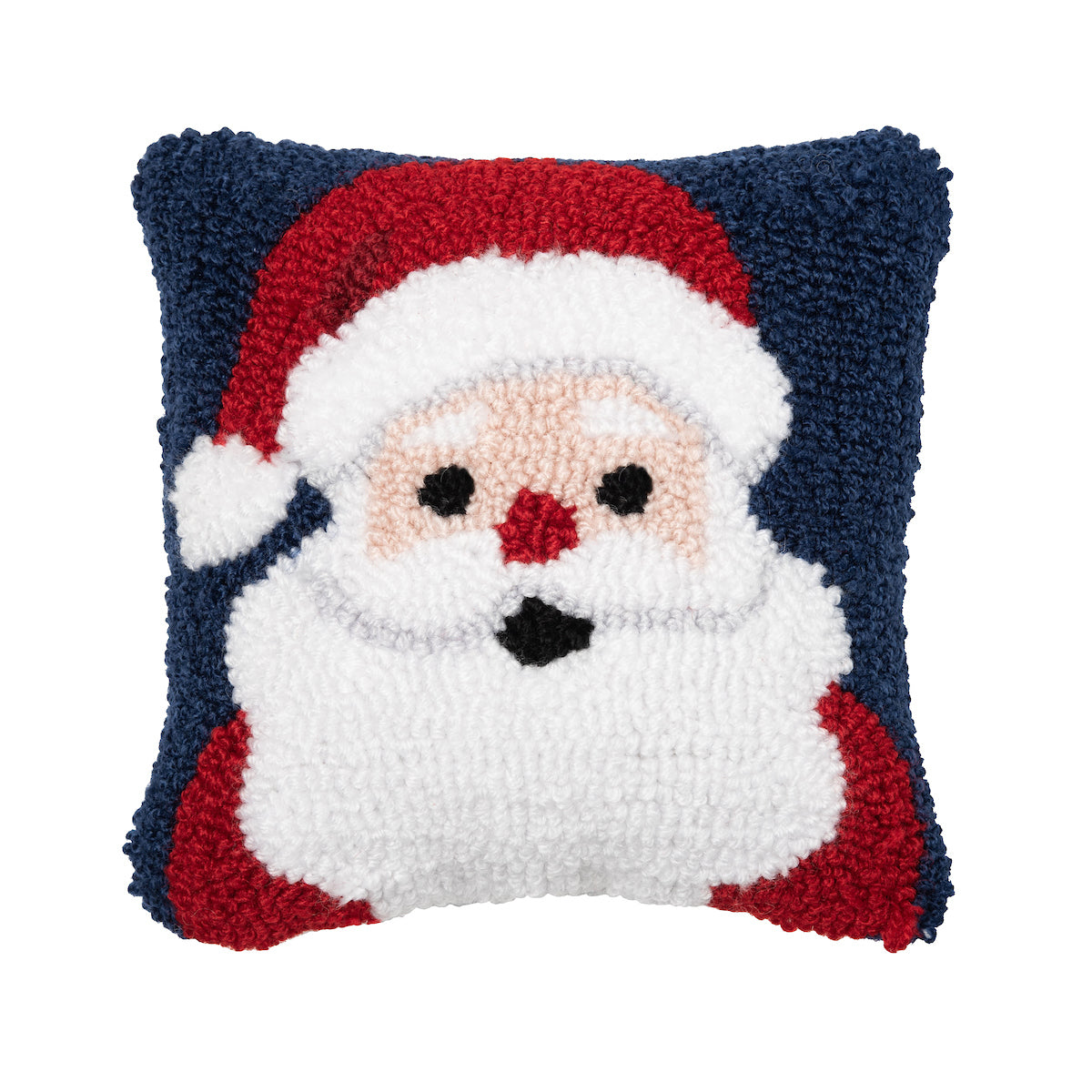 A festive miniature winter accent pillow featuring a classic holiday Santa Claus design in detailed texturized hooked yarn, available at Be Charmed.