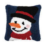 A festive miniature winter accent pillow featuring a whimsical holiday snowman design in detailed texturized hooked yarn, available at Be Charmed.