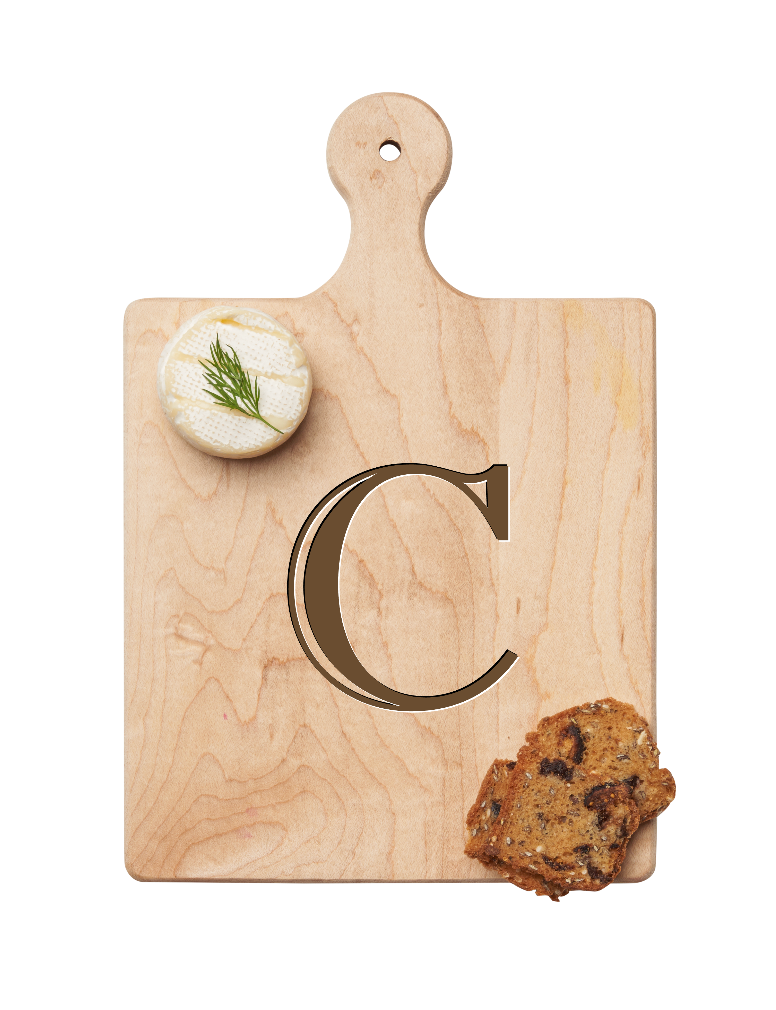 Maple Leaf 9x6 Initial Board C with Spreader. Personalized wooden serving board with monogram design. Perfect gift. Available at Be Charmed.