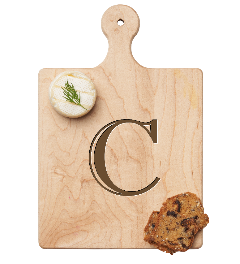 Maple Leaf 9x6 Initial Board C with Spreader. Personalized wooden serving board with monogram design. Perfect gift. Available at Be Charmed.