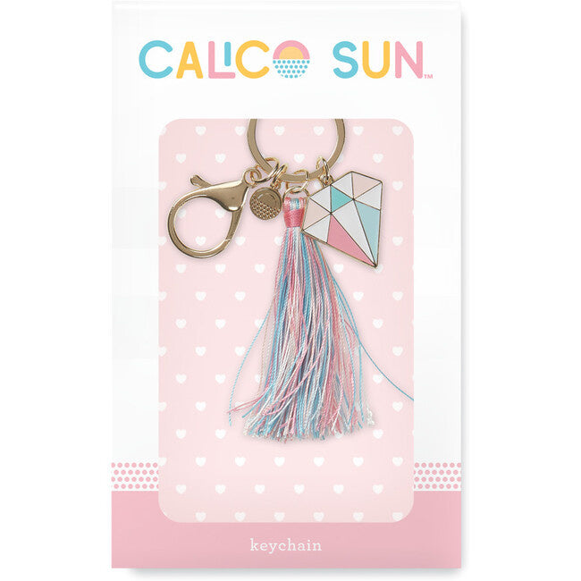 Carrie Gem Keychain by Calico Sun—diamond-shaped pastel enamel charm with gold lobster clasp and multi-color tassel, available at Be Charmed.
