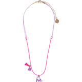 Zoey Cat Necklace by Calico Sun—a playful enamel purple cat charm with pink/purple tassels on adjustable pink ball chain, available at Be Charmed.