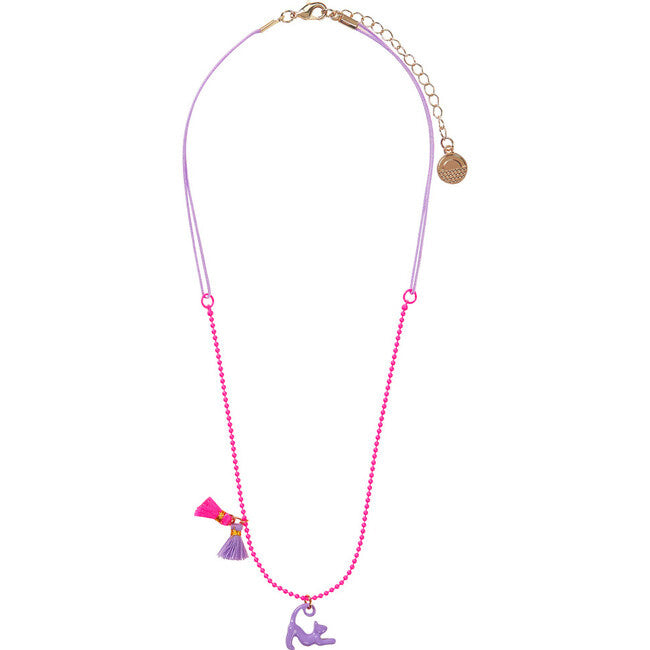 Zoey Cat Necklace by Calico Sun—a playful enamel purple cat charm with pink/purple tassels on adjustable pink ball chain, available at Be Charmed.