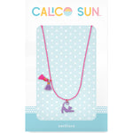 Zoey Cat Necklace by Calico Sun Displayed on card—a playful enamel purple cat charm with pink/purple tassels on adjustable pink ball chain, available at Be Charmed.