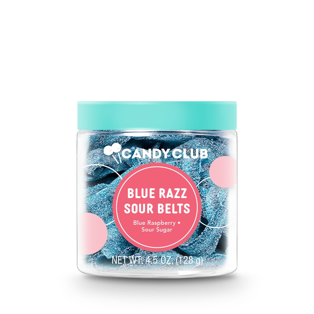 Candy Club Blue Razz Sour Belts. Sweet and tangy raspberry-flavored candy strips. Gourmet treat for all ages. Available at Be Charmed.