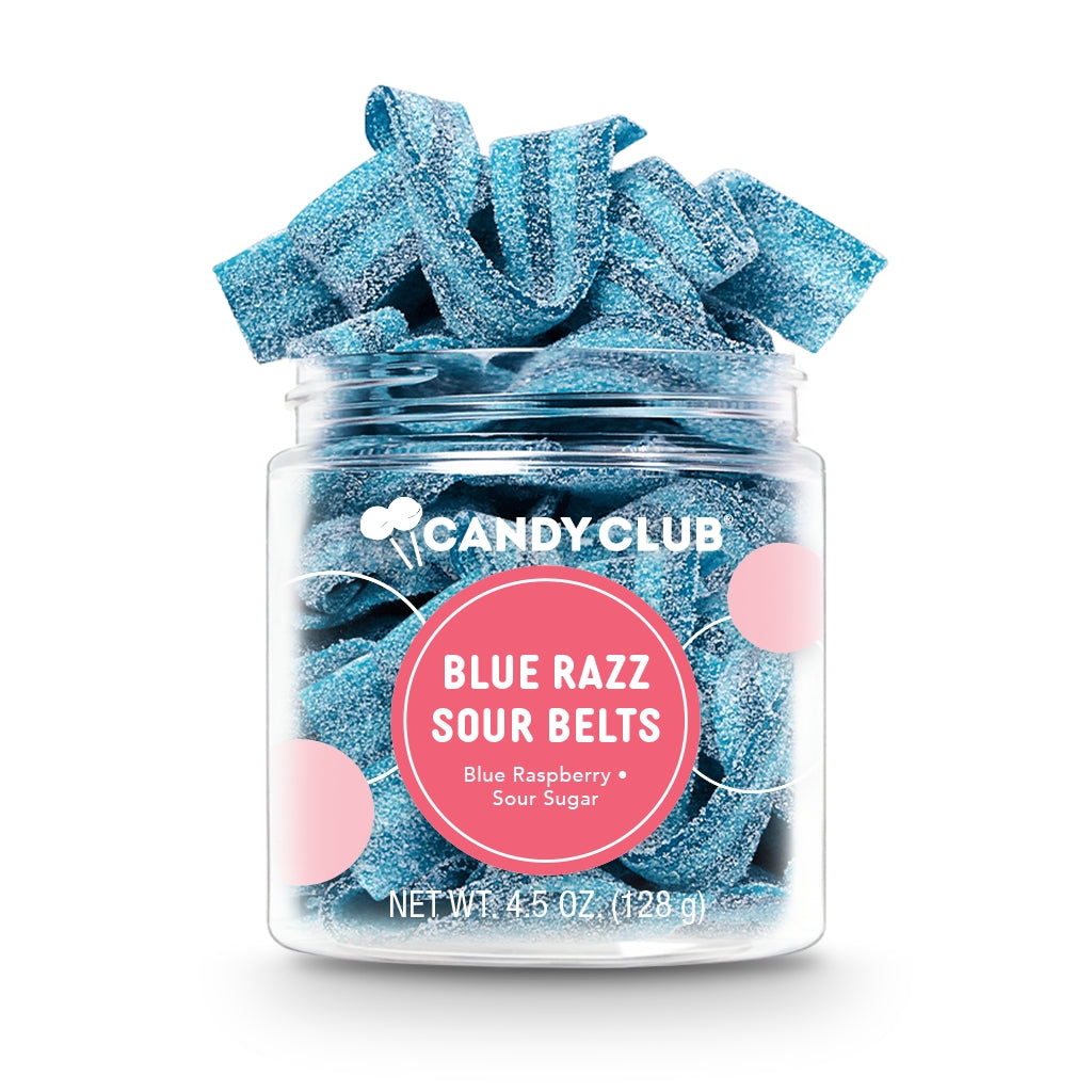 Candy Club Blue Razz Sour Belts. Sweet and tangy raspberry-flavored candy strips. Gourmet treat for all ages. Available at Be Charmed.