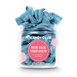 Candy Club Blue Razz Sour Belts. Sweet and tangy raspberry-flavored candy strips. Gourmet treat for all ages. Available at Be Charmed.