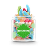 Jar of colorful candy labeled 'Candy Club Bookworms' on a white background. Available at Be Charmed. 