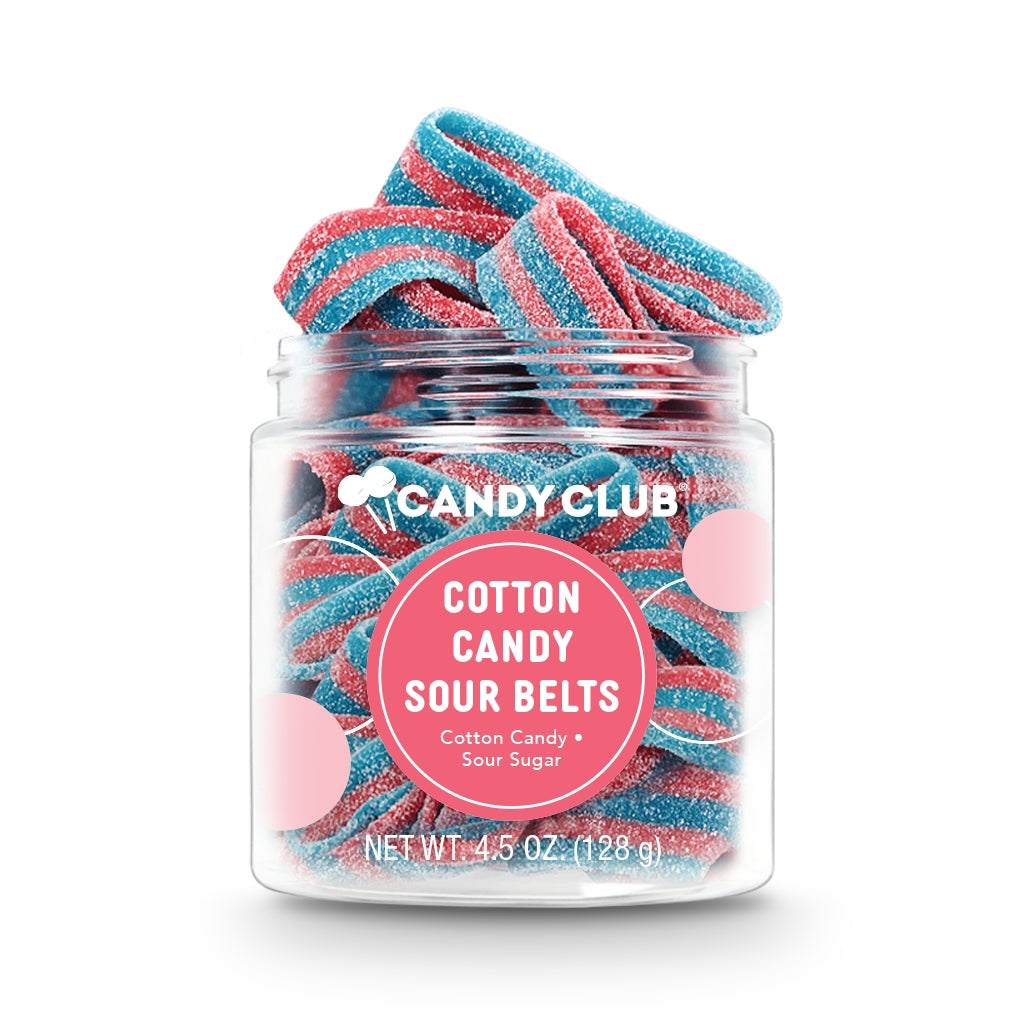 Jar of candy labeled 'Candy Club Cotton Candy Sour Belts' on a white background. Available at Be Charmed. 