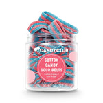 Jar of candy labeled 'Candy Club Cotton Candy Sour Belts' on a white background. Available at Be Charmed. 
