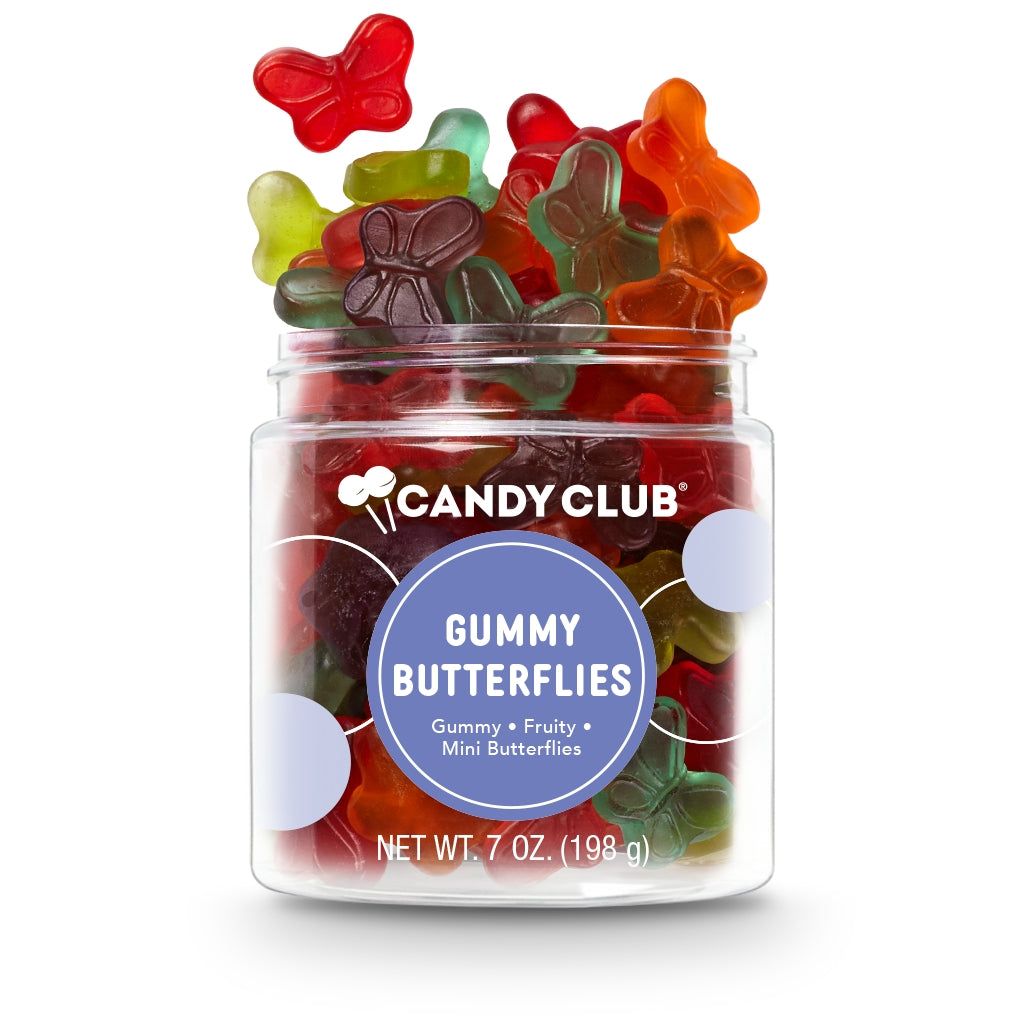 Jar of colorful gummy butterflies with Candy Club label on a white background. Available at Be Charmed. 