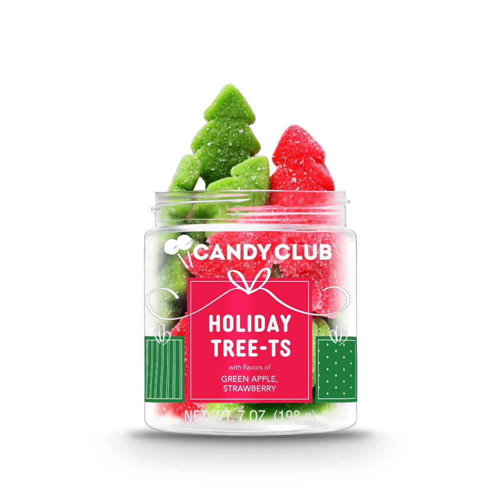 Jar of gummy 'Holiday Tree--ts' from Candy Club on a white background. Available at Be Charmed. 
