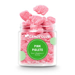 Jar of pink gummy candy labeled 'Pink Piglets' from Candy Club on a white background. Available at Be Charmed. 