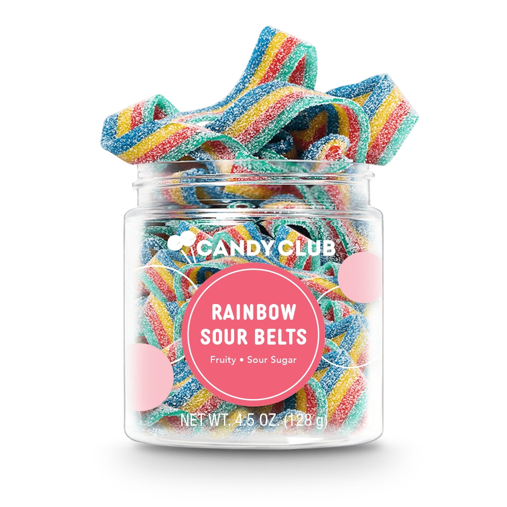 Jar of colorful rainbow sour belts with 'Candy Club' label on a white background. Available at Be Charmed. 