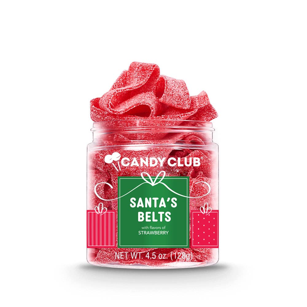 Jar of red gummy candy labeled 'Candy Club Santa's Belts' on a white background. Available at Be Charmed. 