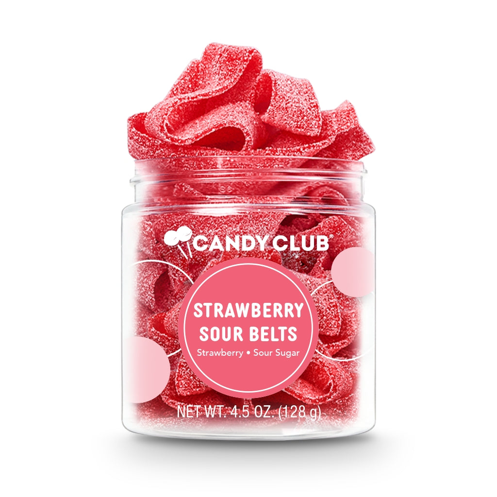 Jar of Strawberry Sour Belts from Candy Club on a white background. Available at Be Charmed. 