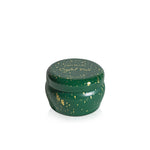 Green capri blue mini crystal pine tin candle jar with gold text on a white background. Available at Be Charmed. 