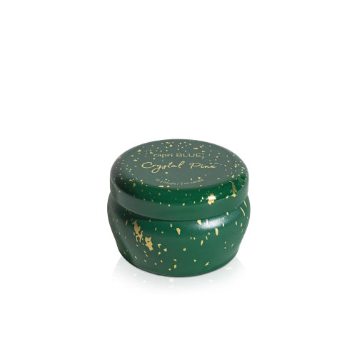 Green capri blue mini crystal pine tin candle jar with gold text on a white background. Available at Be Charmed. 