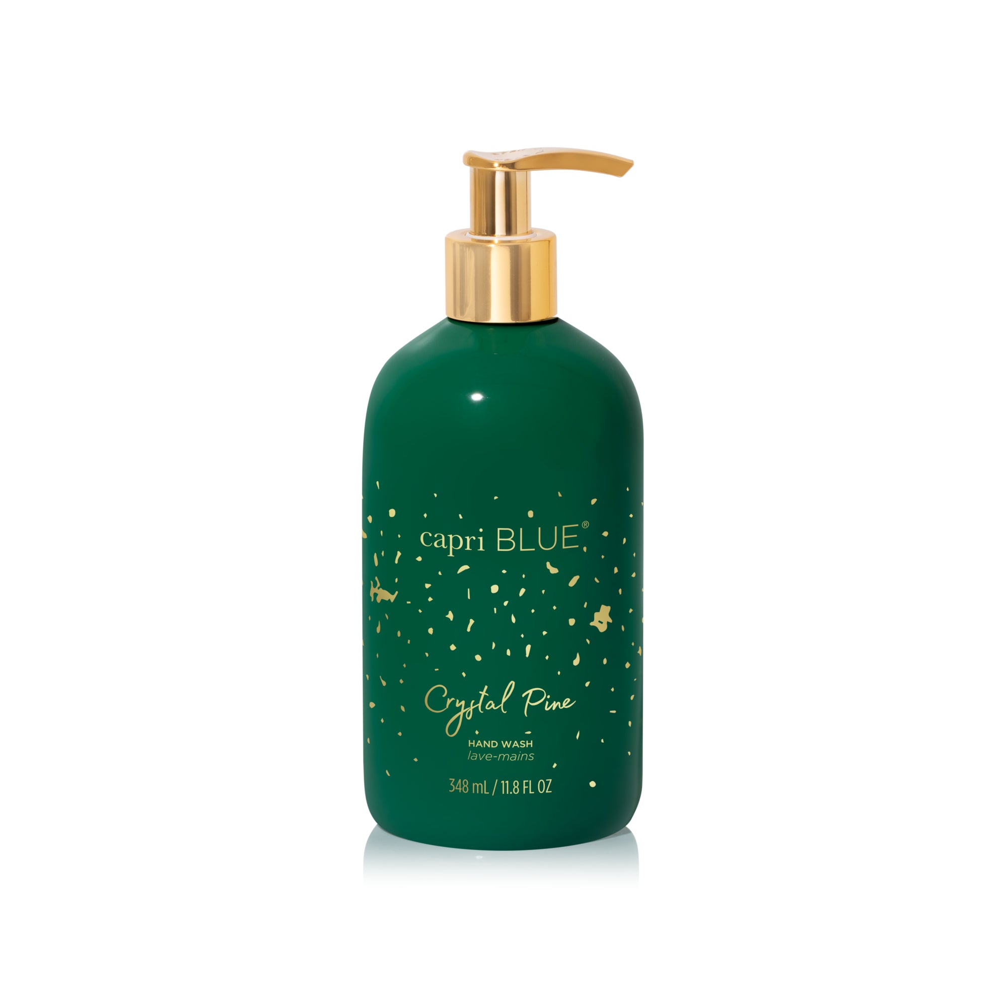 Green bottle of capri blue Crystal Pine hand wash with gold pump on a white background. Available at Be Charmed. 
