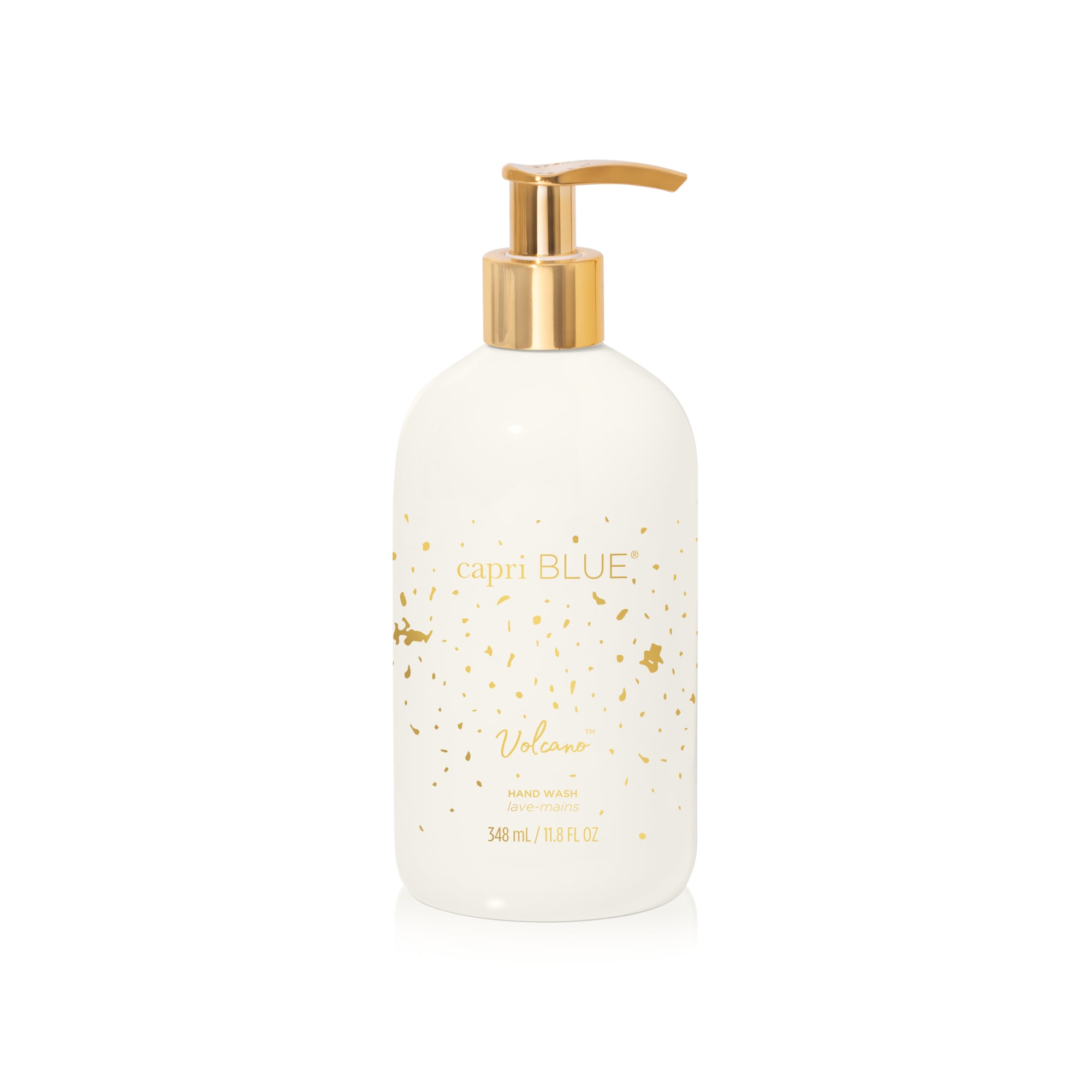 Capri Blue Volcano hand soap white bottle with gold pump and 'Capri Blue' branding on a white background. Available at Be Charmed. 