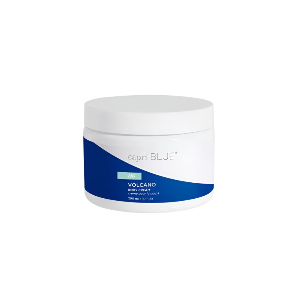 Capri Blue Volcano Body Cream 10 oz—vegan shea butter and coconut oil formula, iconic citrus‑pineapple scent, rich hydration, available at Be Charmed.