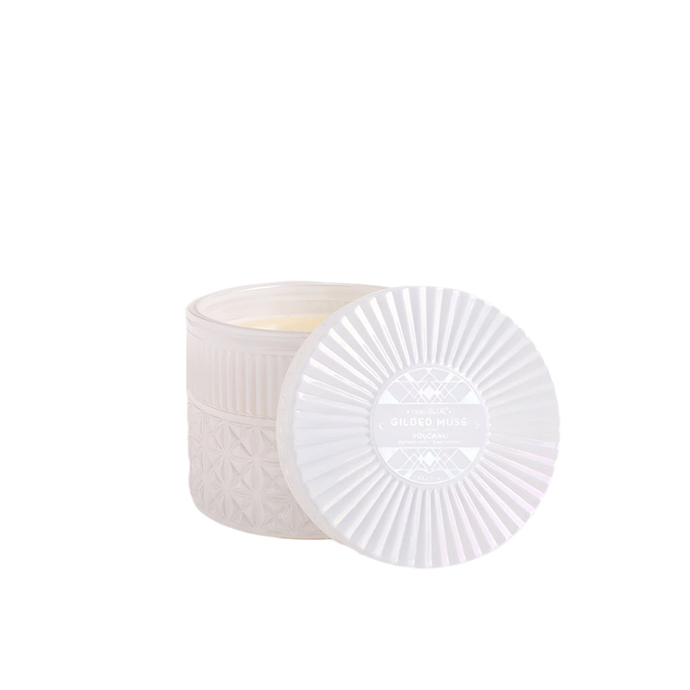 Lid off of Volcano Gilded Faceted Jar 11oz – elegant glass candle filled with Capri Blue’s signature tropical citrus scent, perfect for home or gifting, available at Be Charmed
