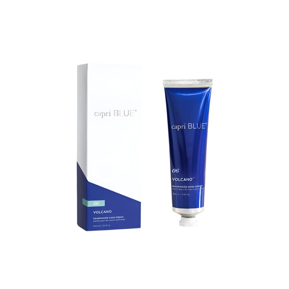 Capri Blue Volcano Hand Lotion 7.75 oz tube, vegan hydrating formula with glycerin, coconut oil & shea butter, tropical citrus pineapple scent, available at Be Charmed