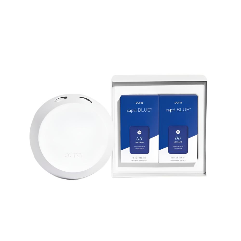 Box Kit of Volcano Pura Smart Home Diffuser Kit – smart app-controlled diffuser with Capri Blue’s signature tropical citrus scent for effortless home fragrance, available at Be Charmed