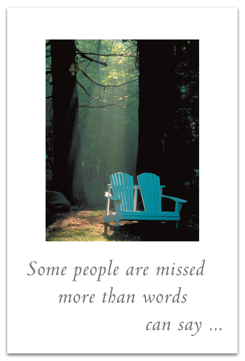 Support Card – serene forest setting with two Adirondack chairs symbolizing comfort, companionship, and quiet support, available at Be Charmed