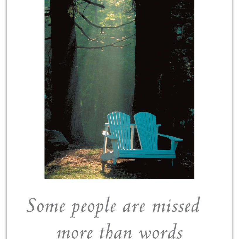 Support Card – serene forest setting with two Adirondack chairs symbolizing comfort, companionship, and quiet support, available at Be Charmed