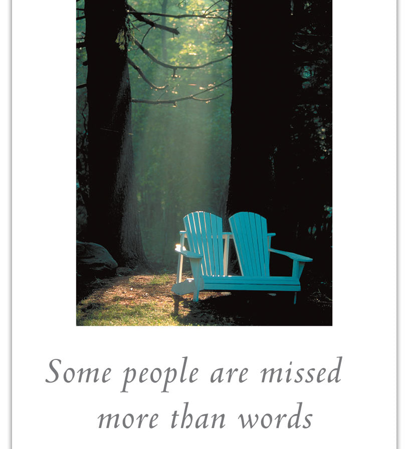 Support Card – serene forest setting with two Adirondack chairs symbolizing comfort, companionship, and quiet support, available at Be Charmed
