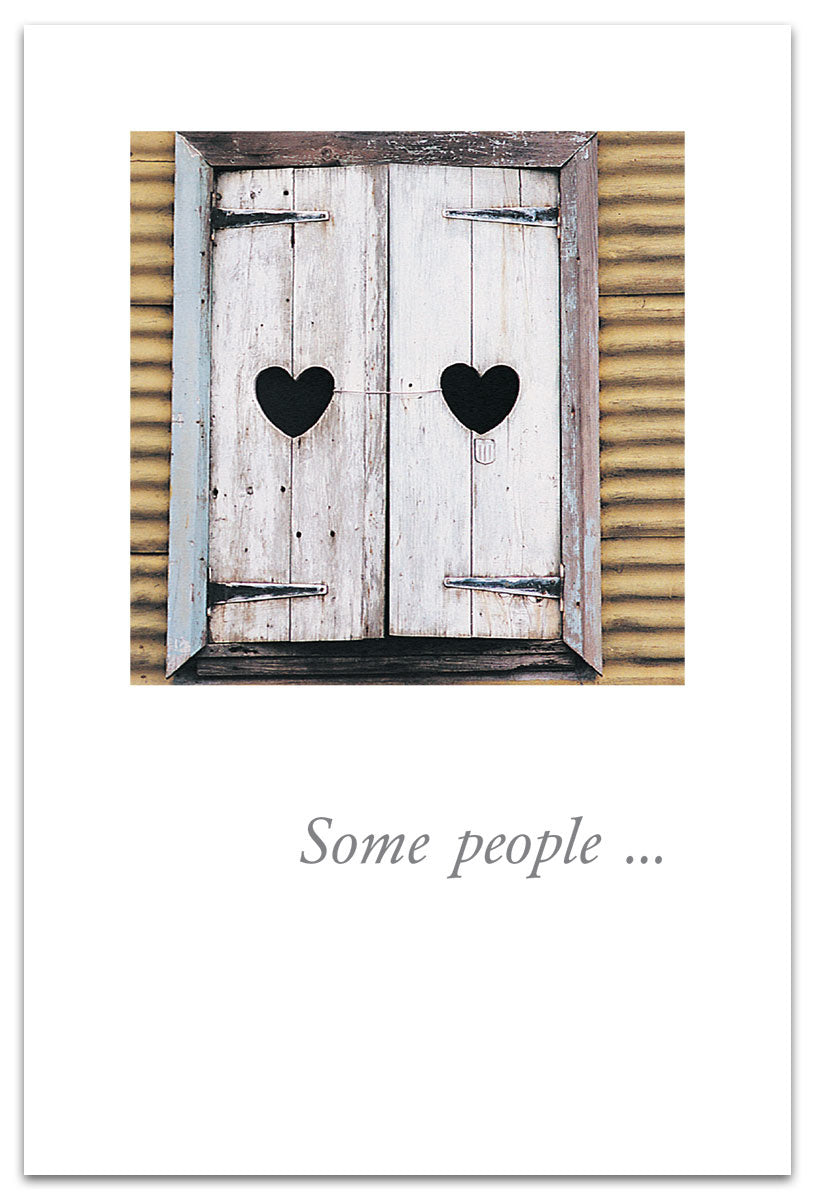 Anniversary Card – elegant greeting card with heart-shaped shutters artwork and heartfelt anniversary sentiment inside, available at Be Charmed
