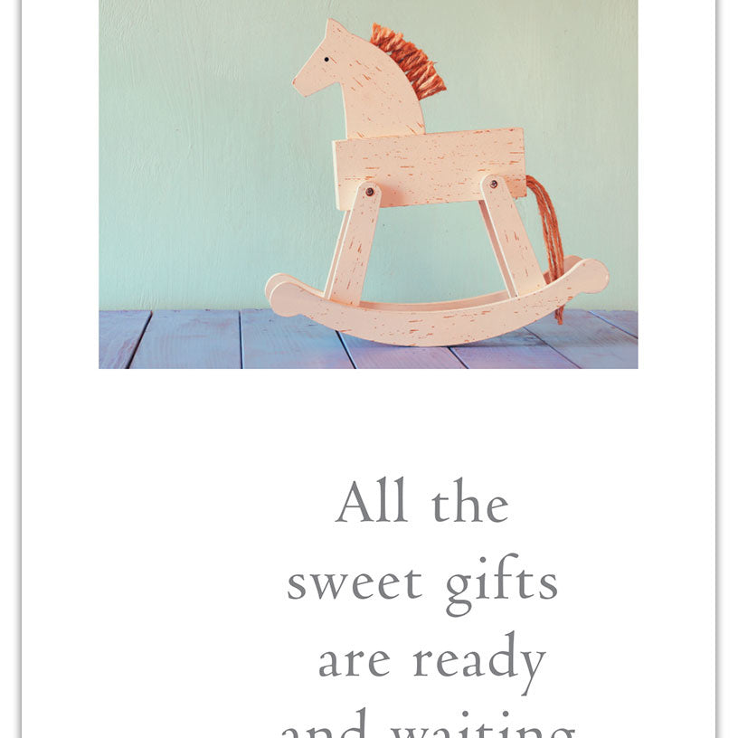 Baby Shower Card – vintage-style illustration of a wooden rocking horse with a loving message to welcome a baby, perfect for new parents, available at Be Charmed