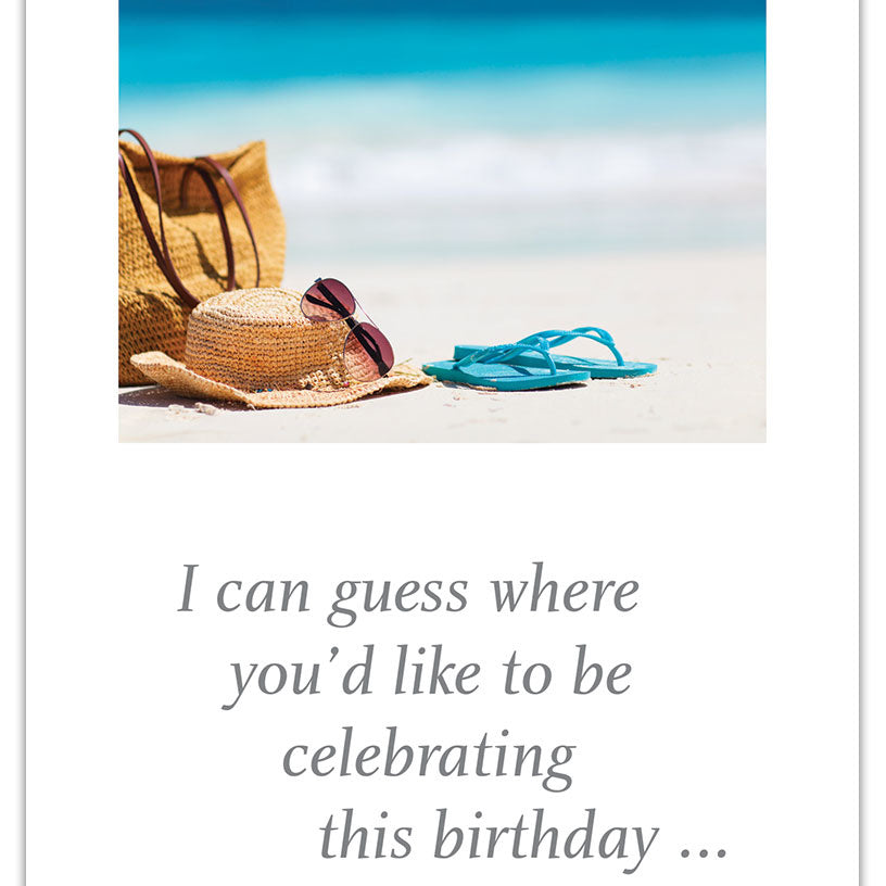 Birthday Card – cheerful illustration of beach accessories with joyful birthday message, perfect for sunny celebrations, available at Be Charmed