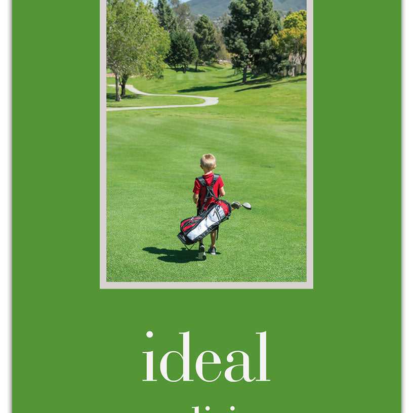 Birthday Card – playful illustration of a boy swinging a golf club with a fun birthday greeting, perfect for young golfers and sports fans, available at Be Charmed