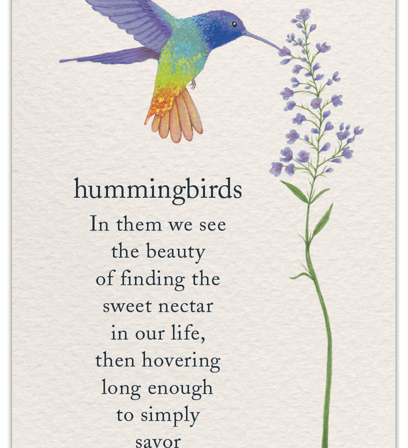Alt Text: Cardthartic “Hummingbirds” birthday card with vibrant hummingbird illustration and floral accents, available at Be Charmed for elegant celebrations