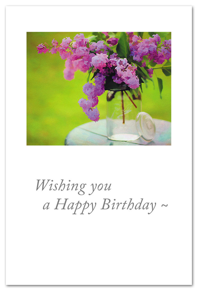 Birthday Card – delicate illustration of pink lilacs in a glass jar with heartfelt birthday message, perfect for floral lovers, available at Be Charmed

