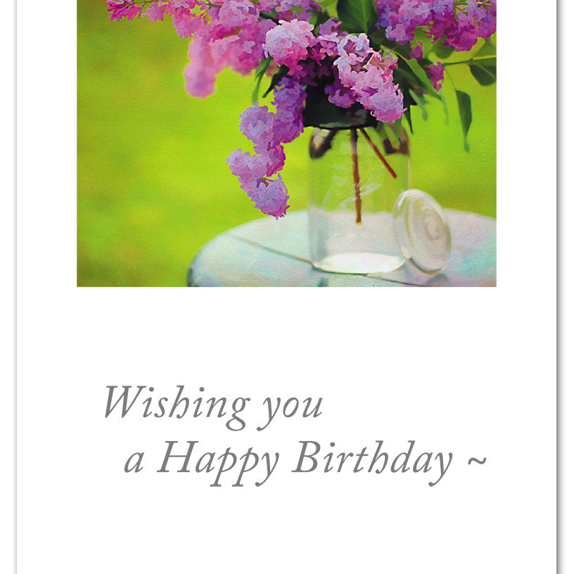 Birthday Card – delicate illustration of pink lilacs in a glass jar with heartfelt birthday message, perfect for floral lovers, available at Be Charmed

