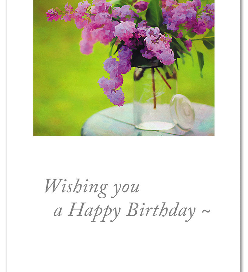 Birthday Card – delicate illustration of pink lilacs in a glass jar with heartfelt birthday message, perfect for floral lovers, available at Be Charmed

