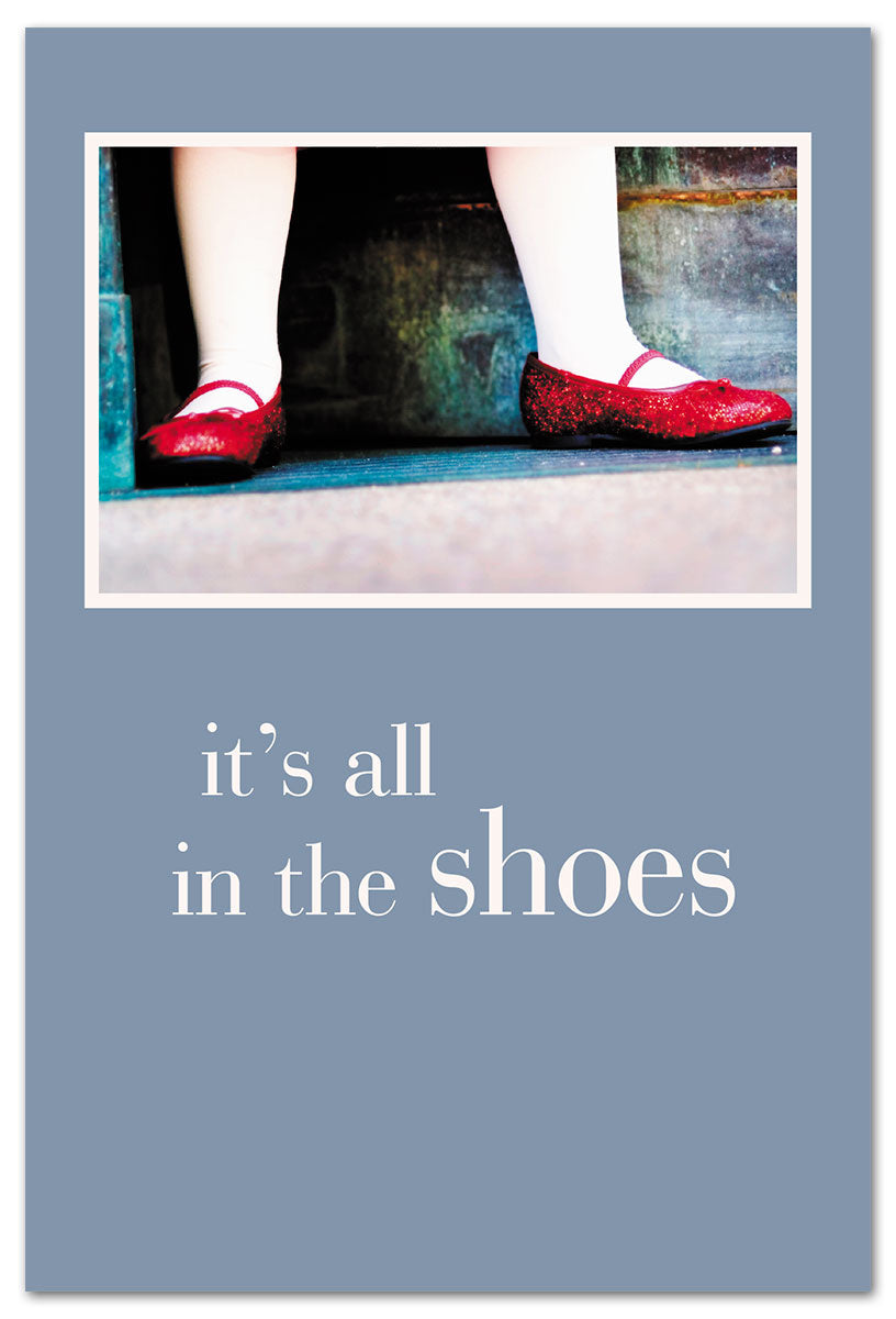 Birthday Card – whimsical ruby slippers illustration with an inspiring birthday message celebrating magic, dreams, and special wishes, available at Be Charmed