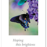 Greeting Card – delicate butterfly perched on purple hydrangea flowers with a heartfelt and uplifting message, perfect for support or sympathy, available at Be Charmed