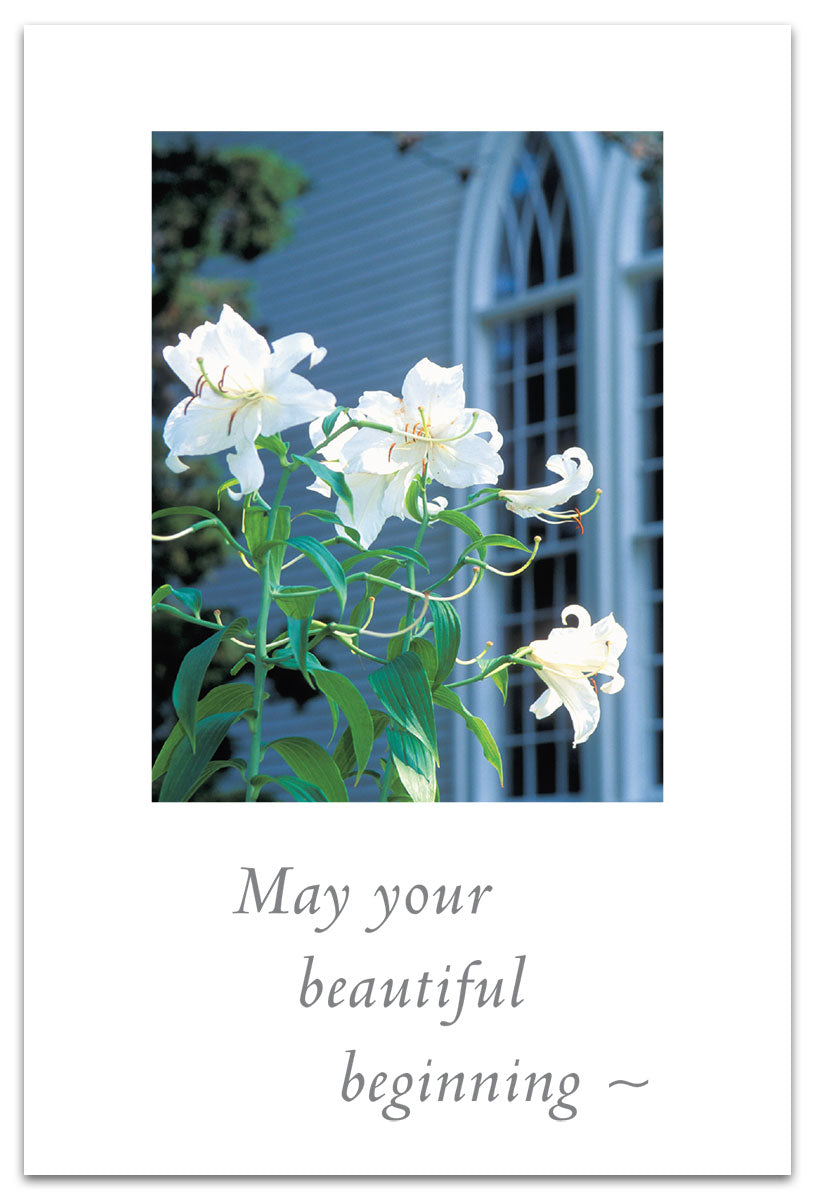 Wedding Card – elegant illustration of white lilies and a chapel with a heartfelt message celebrating love, union, and faith, available at Be Charmed