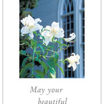 Wedding Card – elegant illustration of white lilies and a chapel with a heartfelt message celebrating love, union, and faith, available at Be Charmed