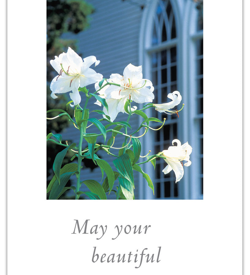 Wedding Card – elegant illustration of white lilies and a chapel with a heartfelt message celebrating love, union, and faith, available at Be Charmed