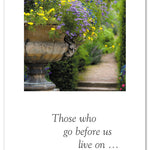 Condolence Card – tranquil garden path and urn illustration with heartfelt sympathy message for honoring a life and offering comfort, available at Be Charmed
