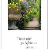 Condolence Card – tranquil garden path and urn illustration with heartfelt sympathy message for honoring a life and offering comfort, available at Be Charmed