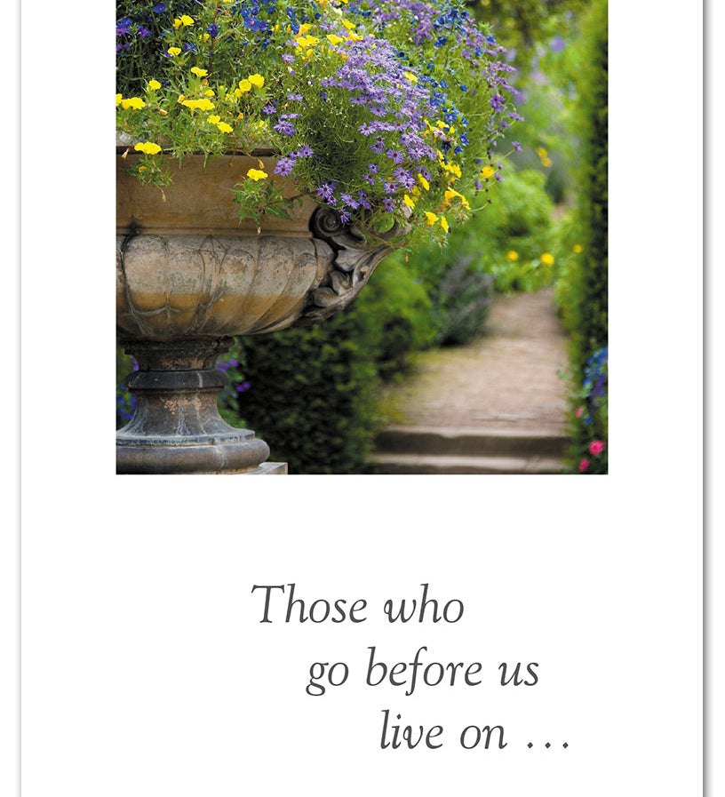 Condolence Card – tranquil garden path and urn illustration with heartfelt sympathy message for honoring a life and offering comfort, available at Be Charmed