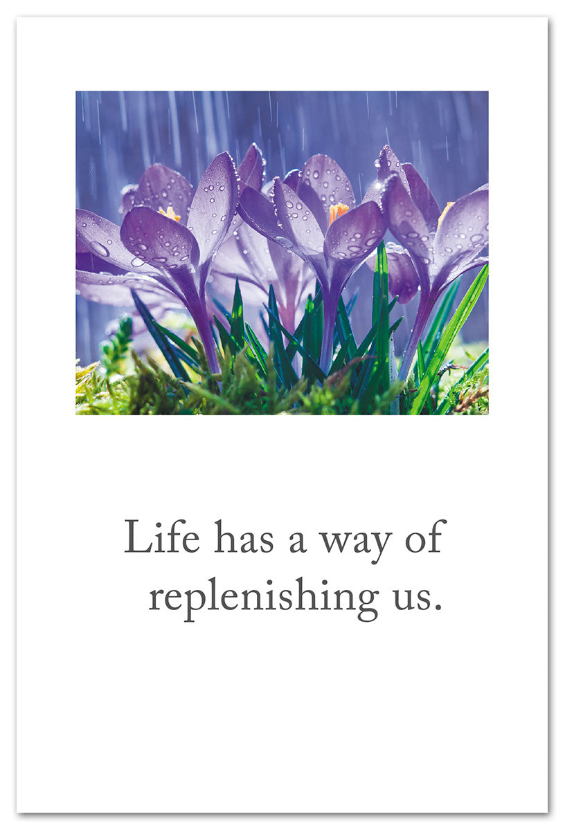 Get Well Card – gentle illustration of blue crocuses in rain with an uplifting message of healing and hope, designed to comfort, available at Be Charmed
